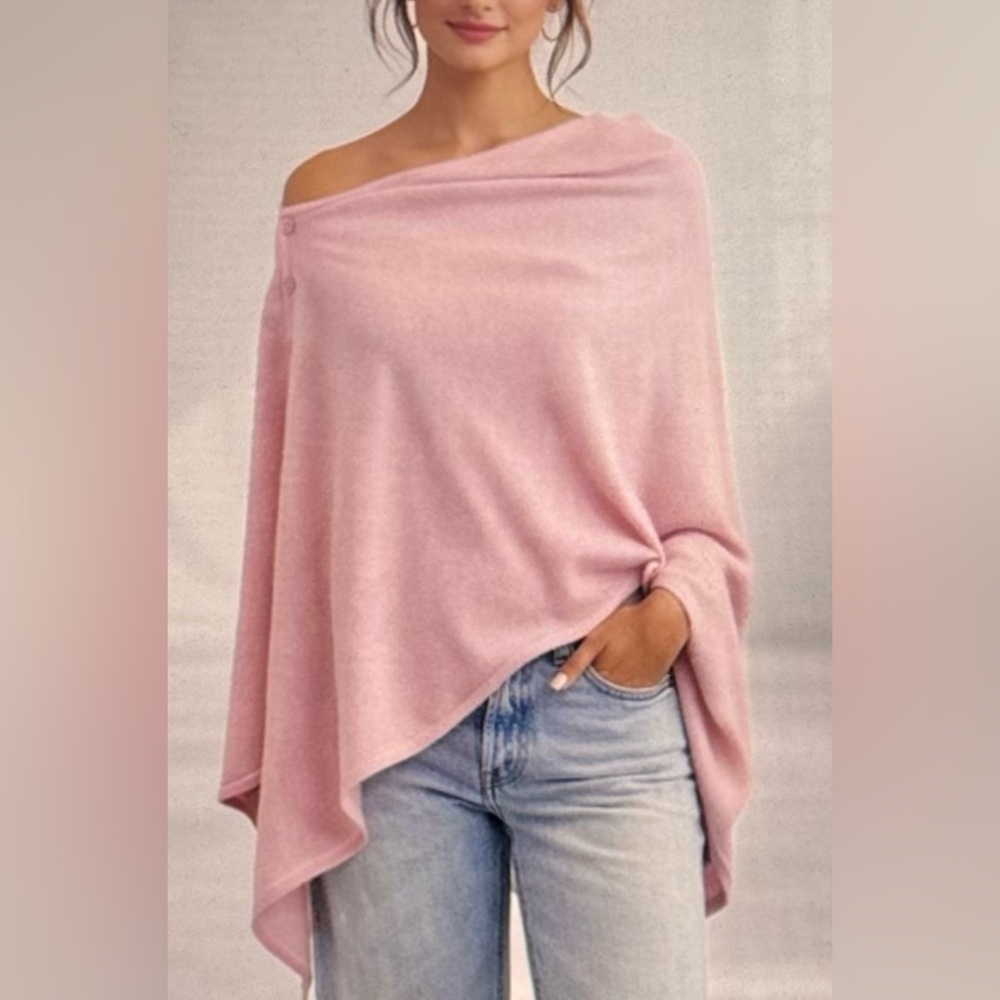 HANNAH ROSE Cashmere Cotton Blend Poncho Cardigan Sweater Pink One Size NWOT